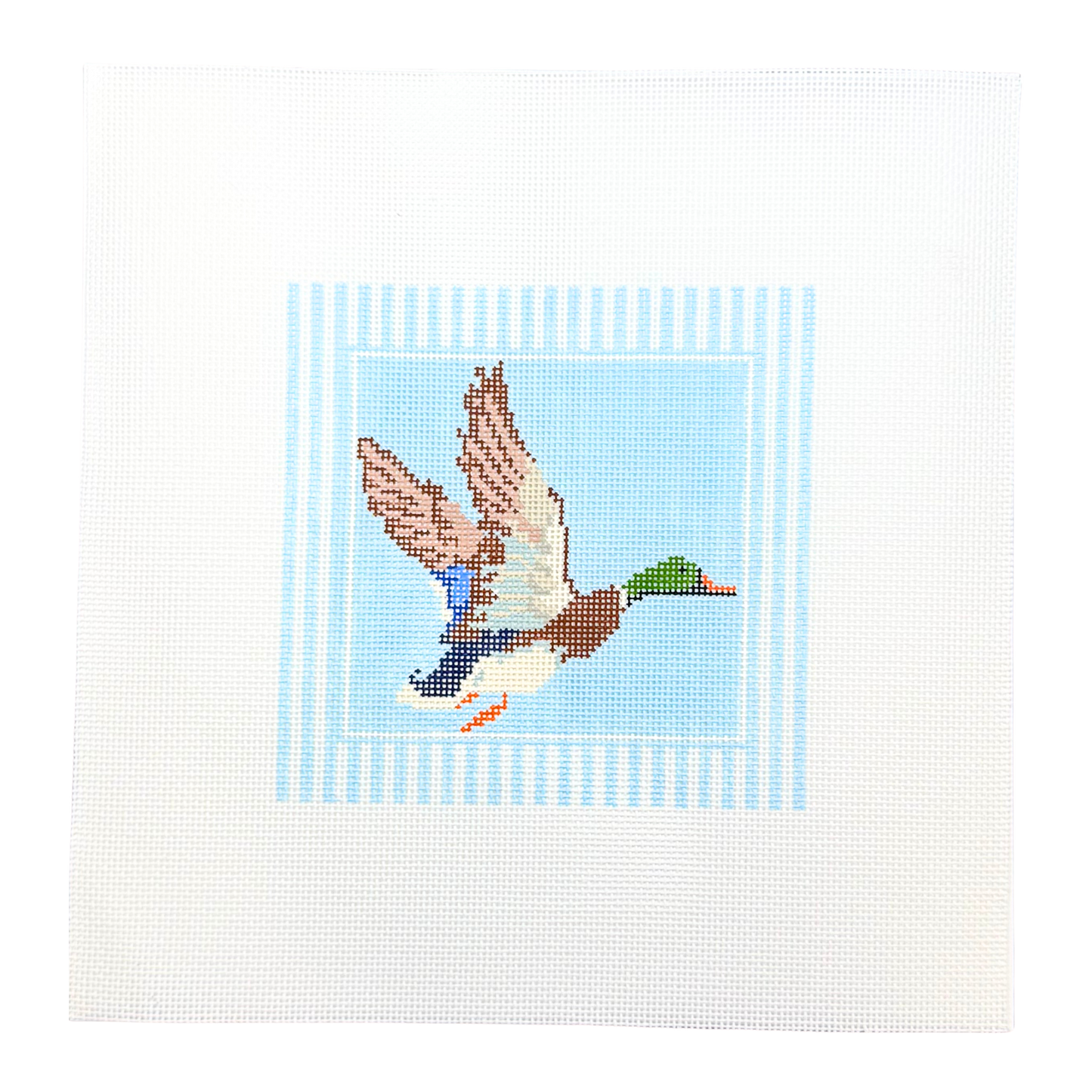 Mallard Needlepoint Canvas - Blue Stripes with Solid Frame Background
