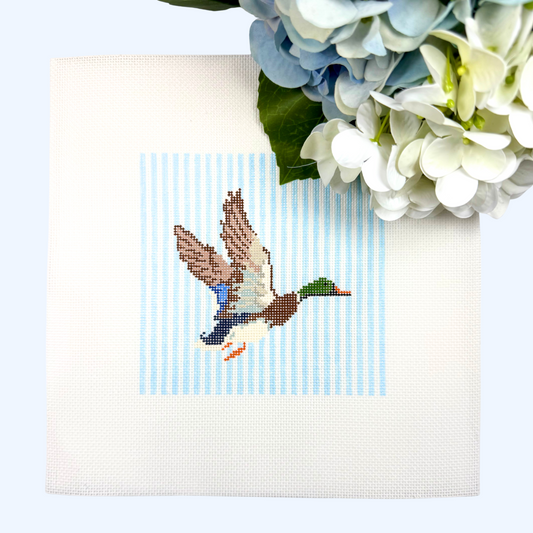 Mallard Needlepoint Canvas - Blue Stripes Background