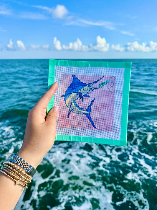 Blue Marlin Chasing Lure Needlepoint Canvas PINK background