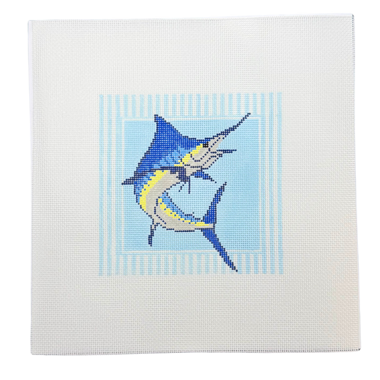 Blue Marlin Needlepoint Canvas with Light Blue Background