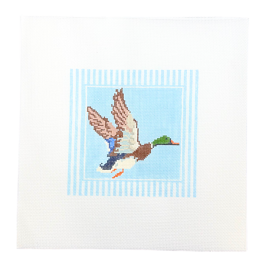 Mallard Needlepoint Canvas - Blue Stripes with Solid Frame Background