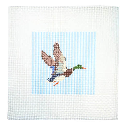 Mallard Needlepoint Canvas - Blue Stripes Background